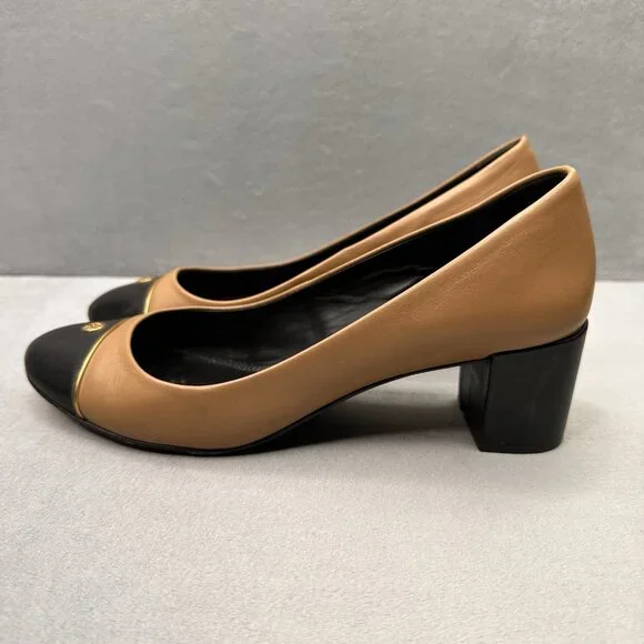 Tory Burch Ethel Two-Tone Tan and Black Leather Block Heel Pumps - Picture 3 of 10